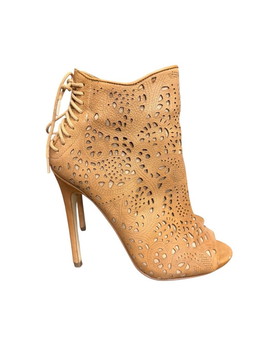 Steve Madden Women’s 8M Korsett Tan Leather Peep Toe Laser Cut Booties 5” Stilet - Picture 7 of 11